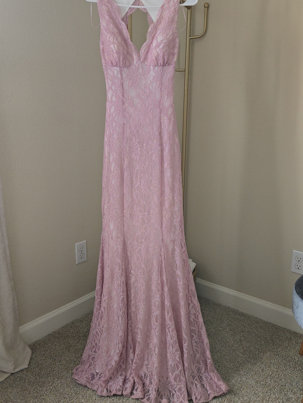 David's Bridal Light Pink Lace V-Neck Maxi Gown